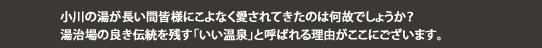 小川の湯が長い間皆様にこよなく愛されてきたのは何故でしょうか？湯治場の良き伝統を残す「いい温泉」と呼ばれる理由がここにございます。